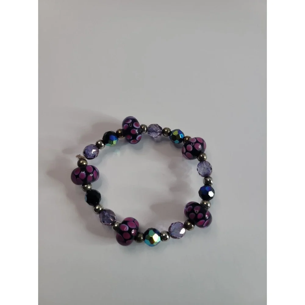 Pink Black Purple Beaded Stretch Bracelet with floral Dot Pattern
